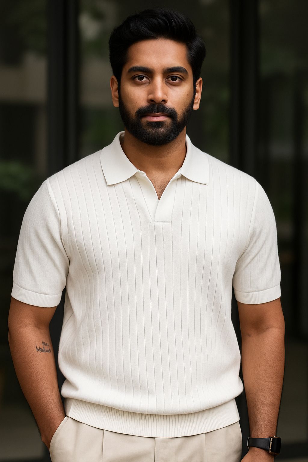 Ribbed Knit Polo T-Shirt