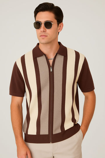 Retro Vertical Stripe Zipper Polo T-Shirt