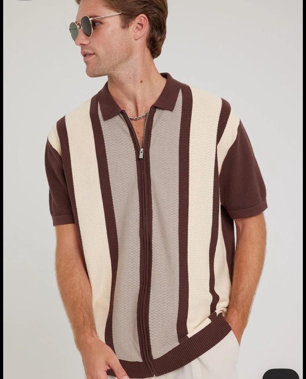Retro Vertical Stripe Zipper Polo T-Shirt